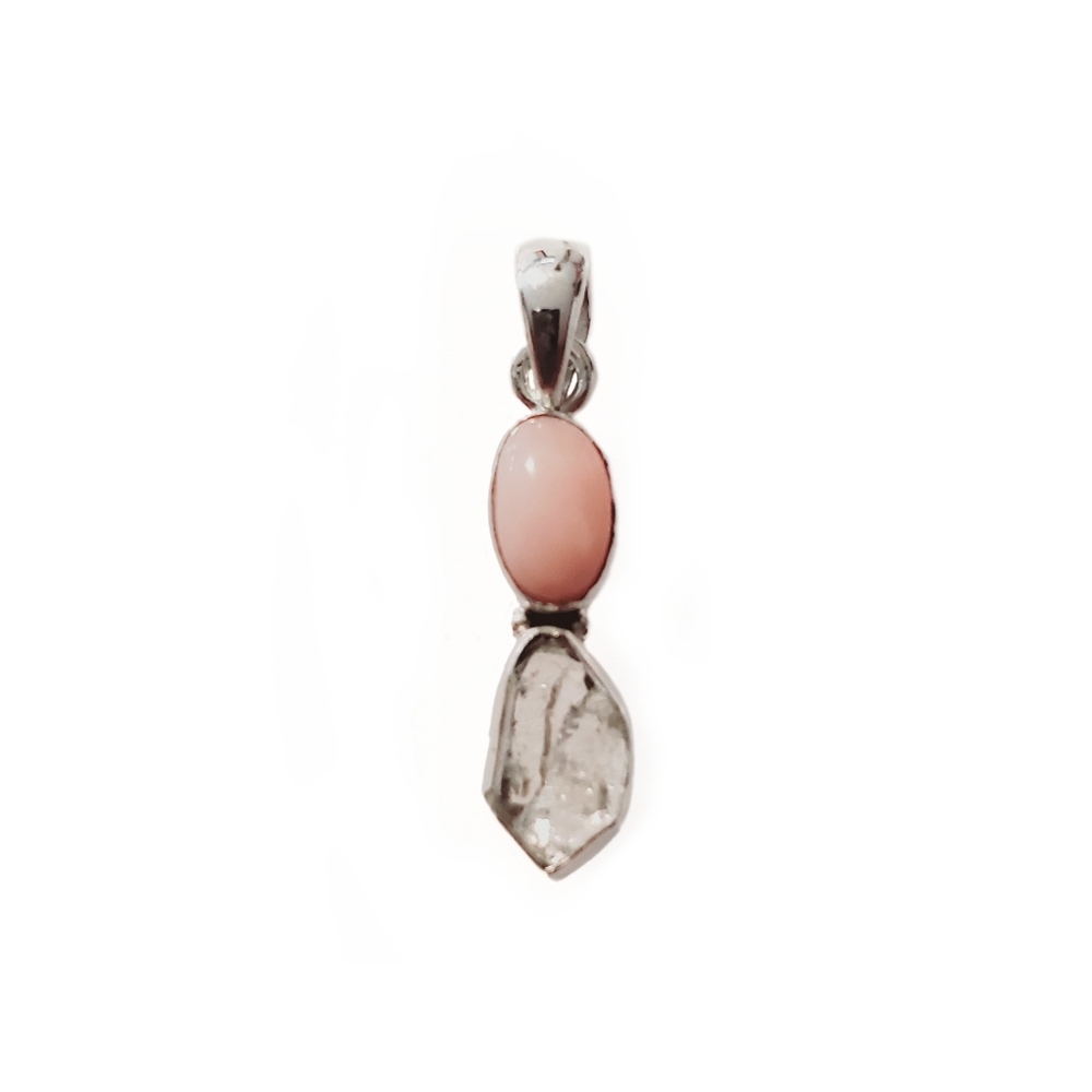 Natural White Herkimer Diamond + Peruvian Pink Opal Pendant, NWT